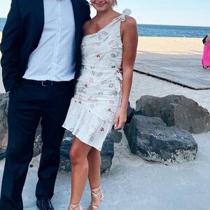 A.L.C. Cream One-Shoulder Dress with Multicolor Floral Accents